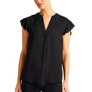 Calvin Klein Flutter Sleeve Top Blouse Shirt V Neck Lightweight Black SMALL